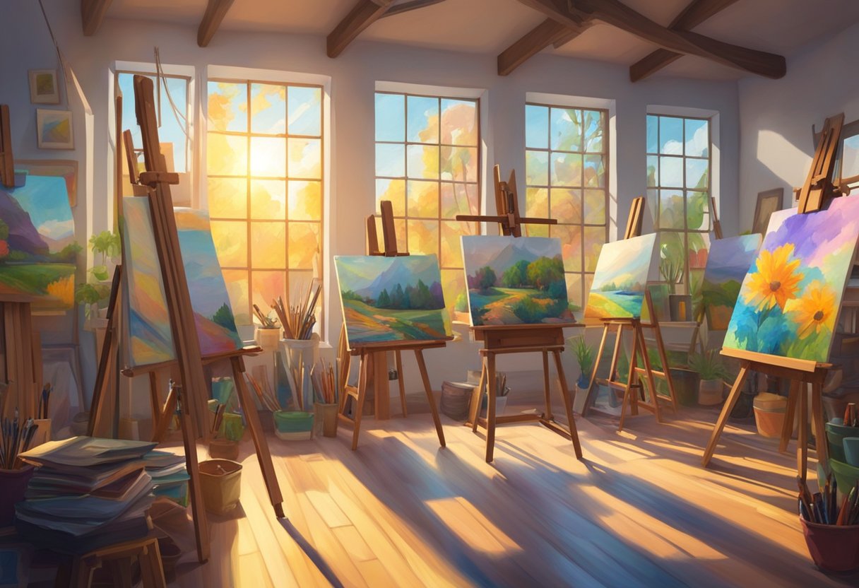 A colorful art studio filled with easels, paintbrushes, and vibrant paintings on the walls. Sunlight streams in through large windows, illuminating the creative space
