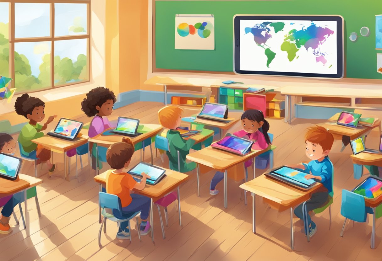 A colorful classroom with children interacting with digital drawing and painting resources on tablets and computers