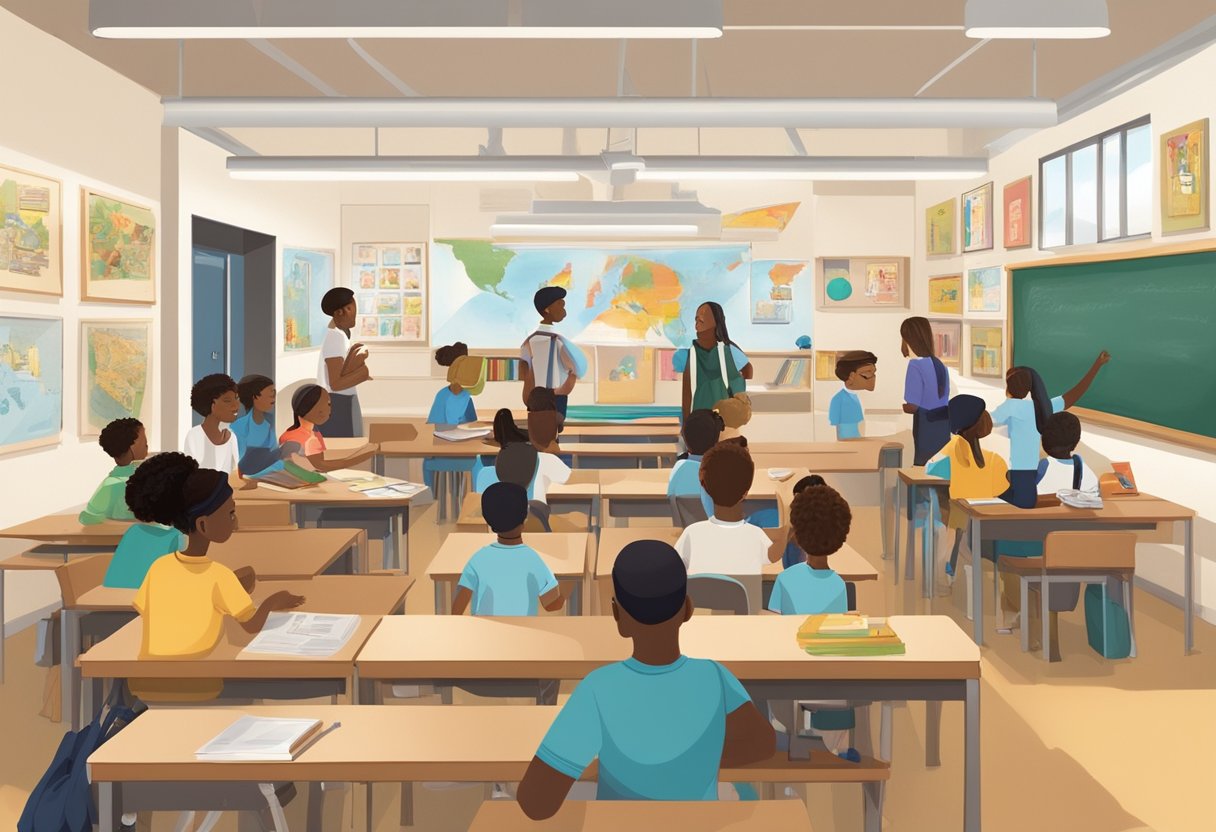 Top 10 Classroom Activities for Teaching Cultural Studies teaching cultural studies,classroom LearningMole A classroom with diverse cultural symbols and artifacts displayed on the walls and shelves, with students engaged in group discussions and hands-on activities