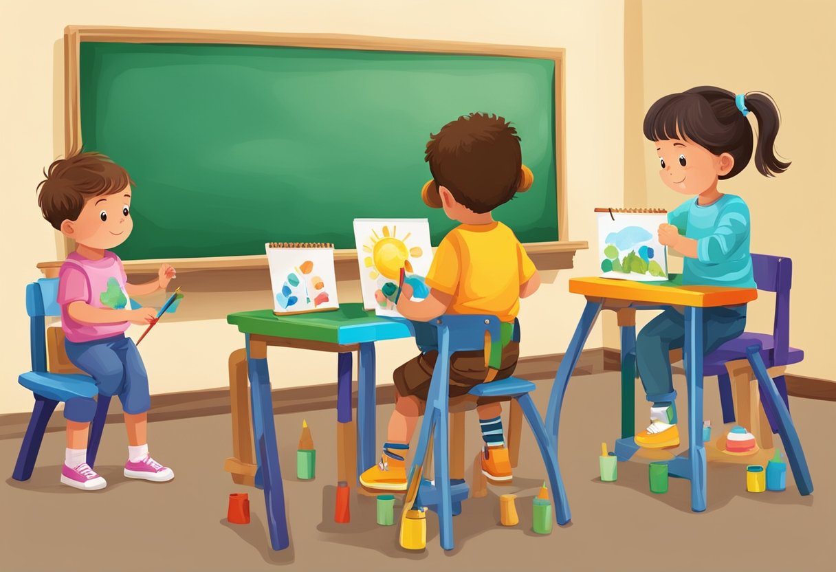 A classroom setting with young children using various drawing and painting materials to create colorful and imaginative artwork on easels and tables