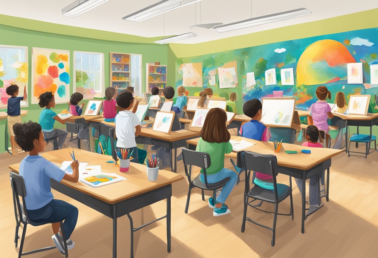 A classroom filled with colorful drawings and paintings displayed on the walls, easels, and tables, with students eagerly participating in creating their own artwork