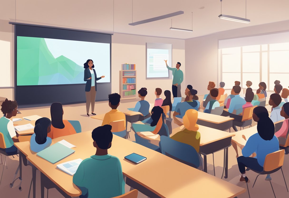 Leveraging Educational Videos for Enhanced Teaching and Learning: A Practical Guide educational video LearningMole A classroom setting with a large screen displaying engaging educational content, surrounded by attentive students and a teacher facilitating the discussion