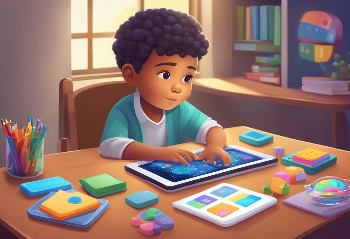 Choosing Educational AI Apps for Children: A Parent's Guide AI App,AI in education,education LearningMole Educational AI Apps for Children: A child sitting at a desk, surrounded by colorful educational AI apps on a tablet, with a thoughtful expression
