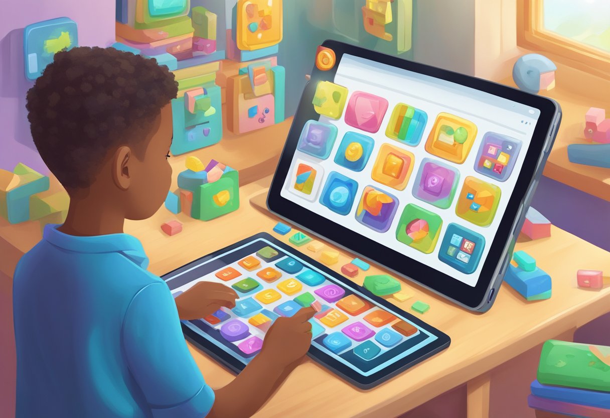 Choosing Educational AI Apps for Children: A Parent's Guide AI App,AI in education,education LearningMole Educational AI Apps for Children: A child surrounded by colorful educational AI apps on a tablet, with a thoughtful expression while selecting age-appropriate options