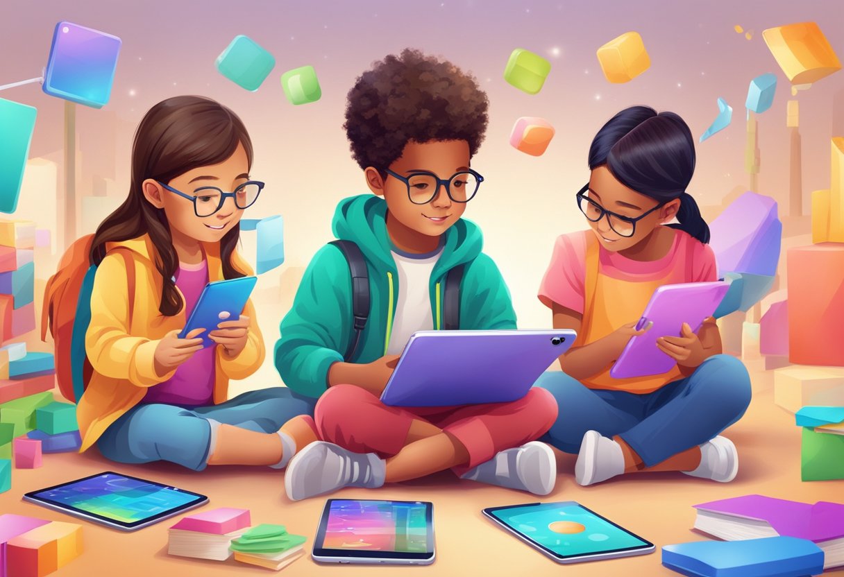 Choosing Educational AI Apps for Children: A Parent's Guide AI App,AI in education,education LearningMole Educational AI Apps for Children: A group of children surrounded by colorful educational AI apps, interacting with engaging learning tools on tablets and smartphones