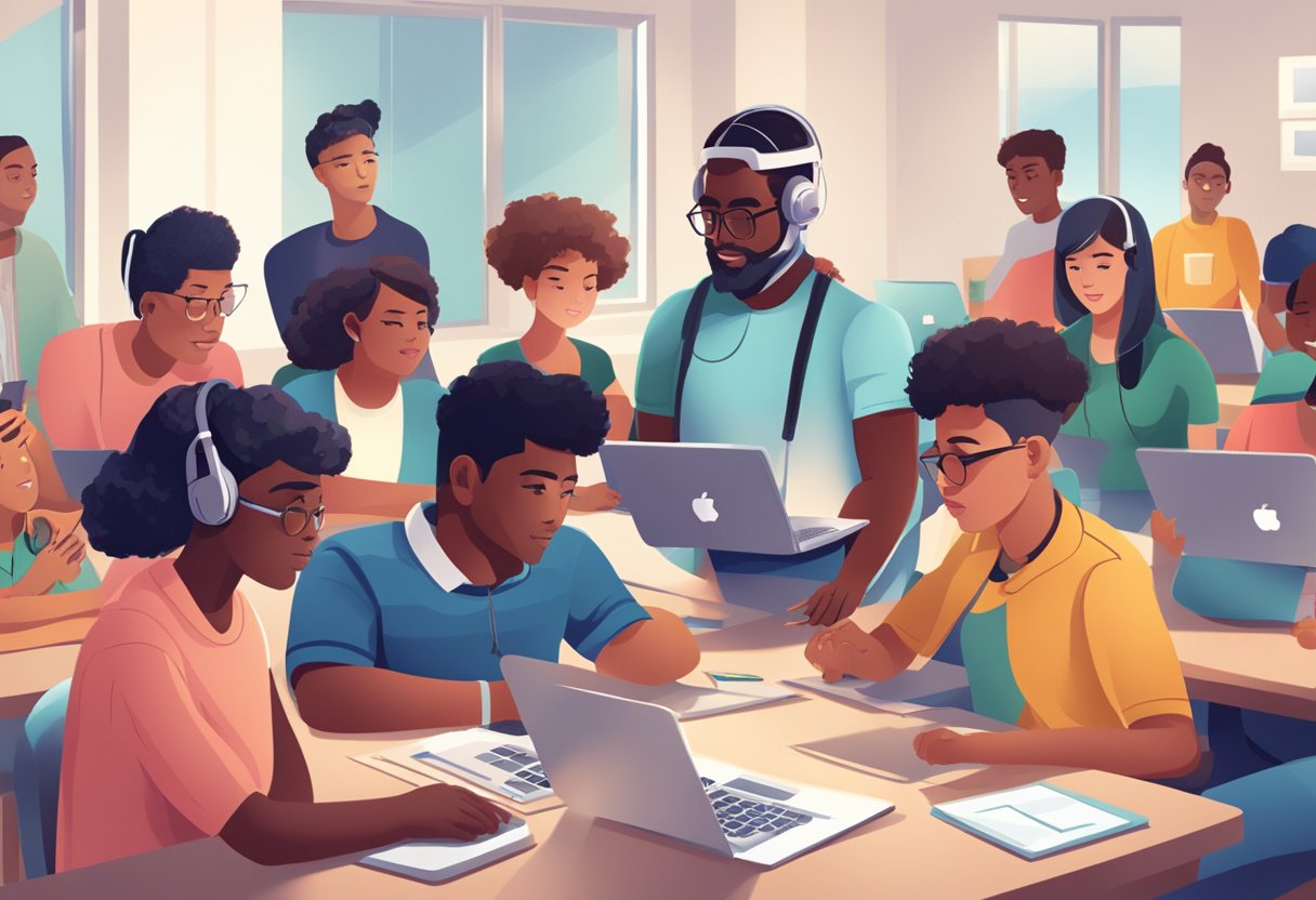 AI Solutions for Special Educational Needs: Tailoring Tech for Inclusive Learning Special Education,Special Needs LearningMole Special Educational Needs: A group of diverse characters engaging with AI technology in a classroom setting