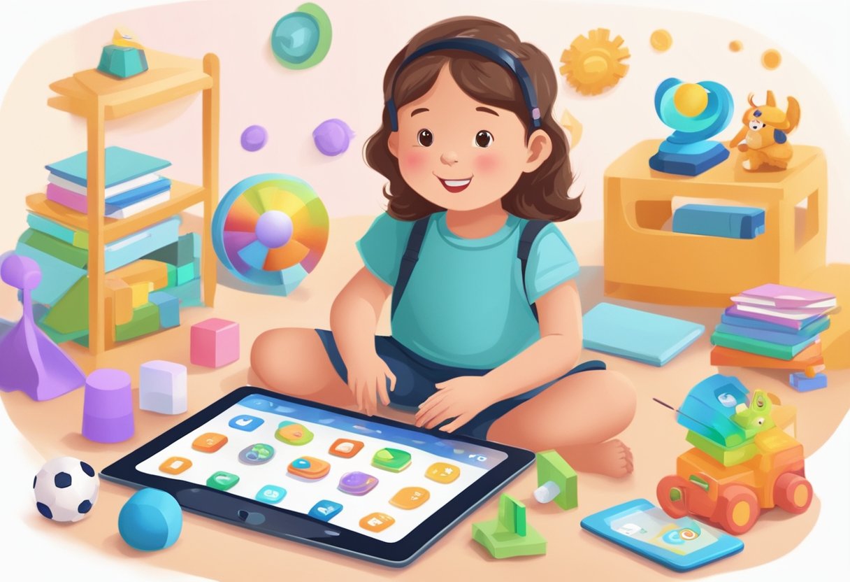 Choosing Educational AI Apps for Children: A Parent's Guide AI App,AI in education,education LearningMole Educational AI Apps for Children: A child interacts with AI language learning apps on a tablet, surrounded by colorful educational materials and toys
