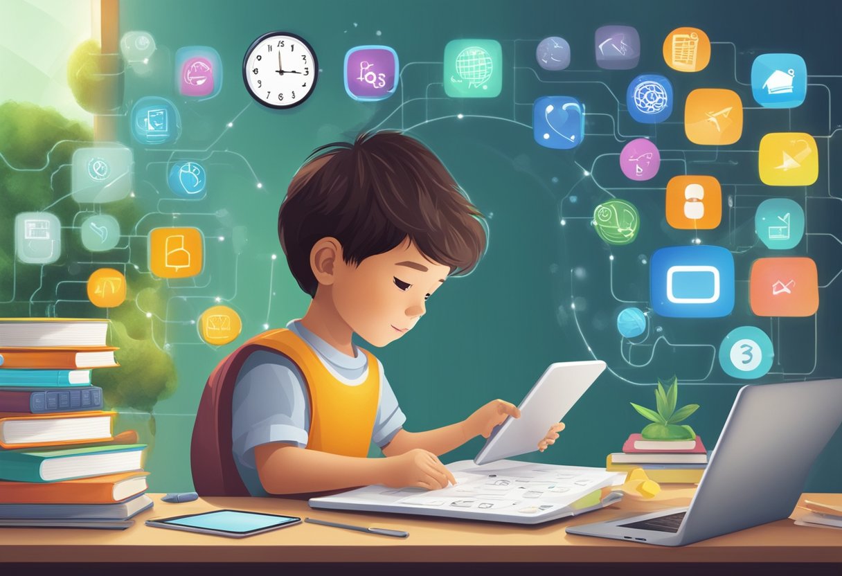Choosing Educational AI Apps for Children: A Parent's Guide AI App,AI in education,education LearningMole Educational AI Apps for Children: A child surrounded by educational AI apps on a tablet, with a clock in the background, balancing screen time and educational value