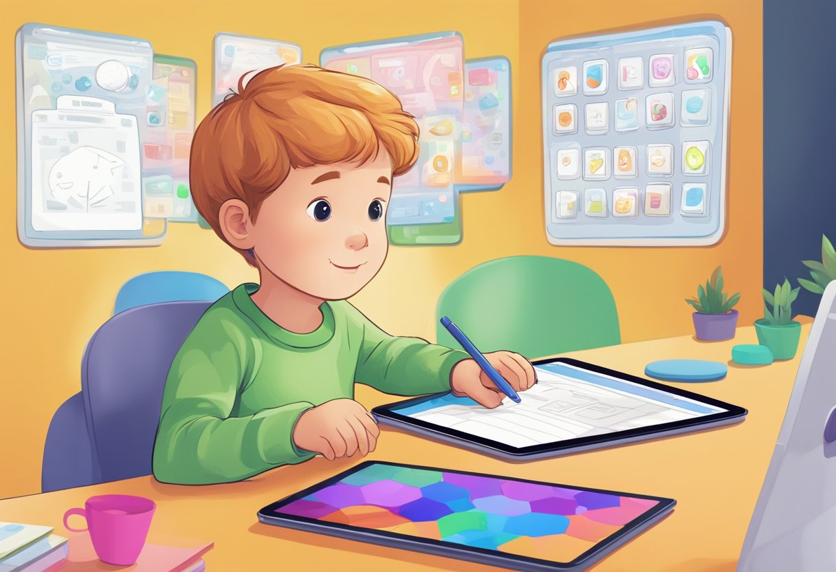 Choosing Educational AI Apps for Children: A Parent's Guide AI App,AI in education,education LearningMole Educational AI Apps for Children: A child sits at a desk surrounded by colorful educational AI apps on a tablet, with a thoughtful expression while choosing which one to explore next