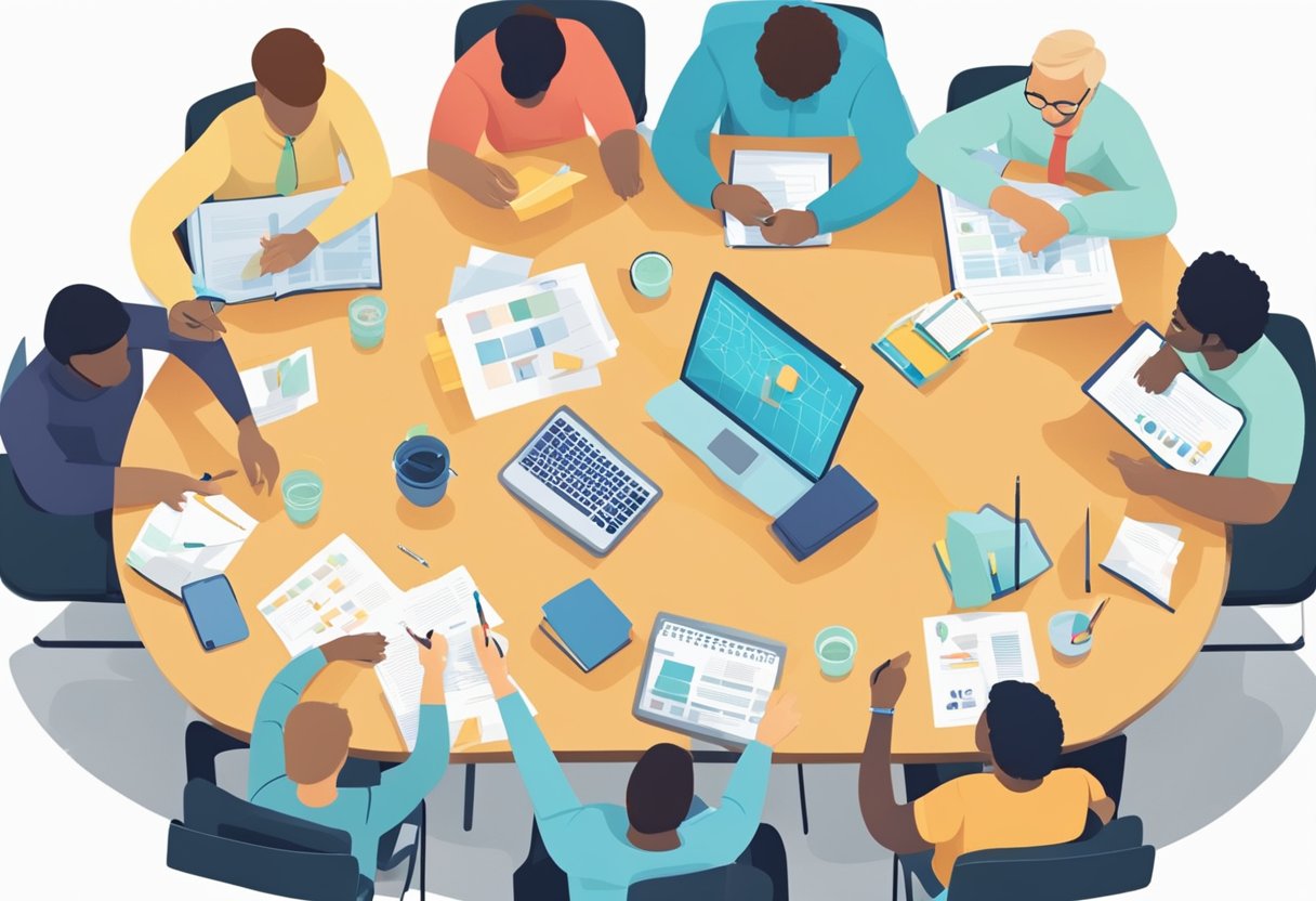 Innovation in schools: A group of educators sit around a table, discussing and brainstorming ideas for innovative programs and initiatives in a school setting. Charts and graphs are spread out, and there is a sense of collaboration and strategic planning in the air