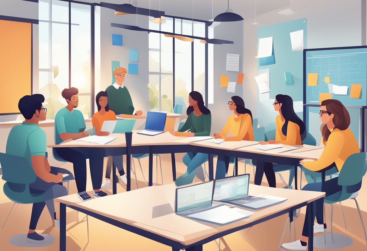 Innovation in schools: A group of students and teachers brainstorming and collaborating on new ideas in a modern classroom setting