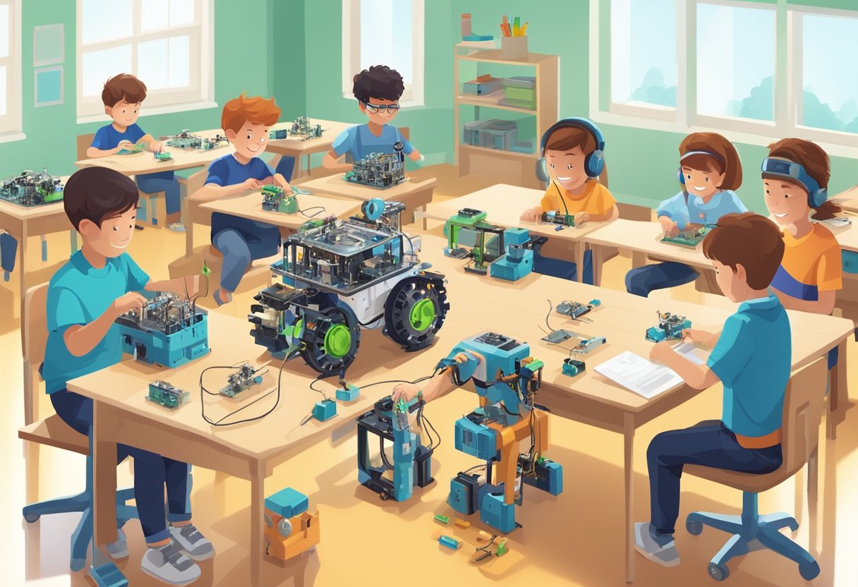 Robotics in Elementary Education: A group of young students engage in hands-on learning with various robotics kits and electronic components in a brightly lit classroom