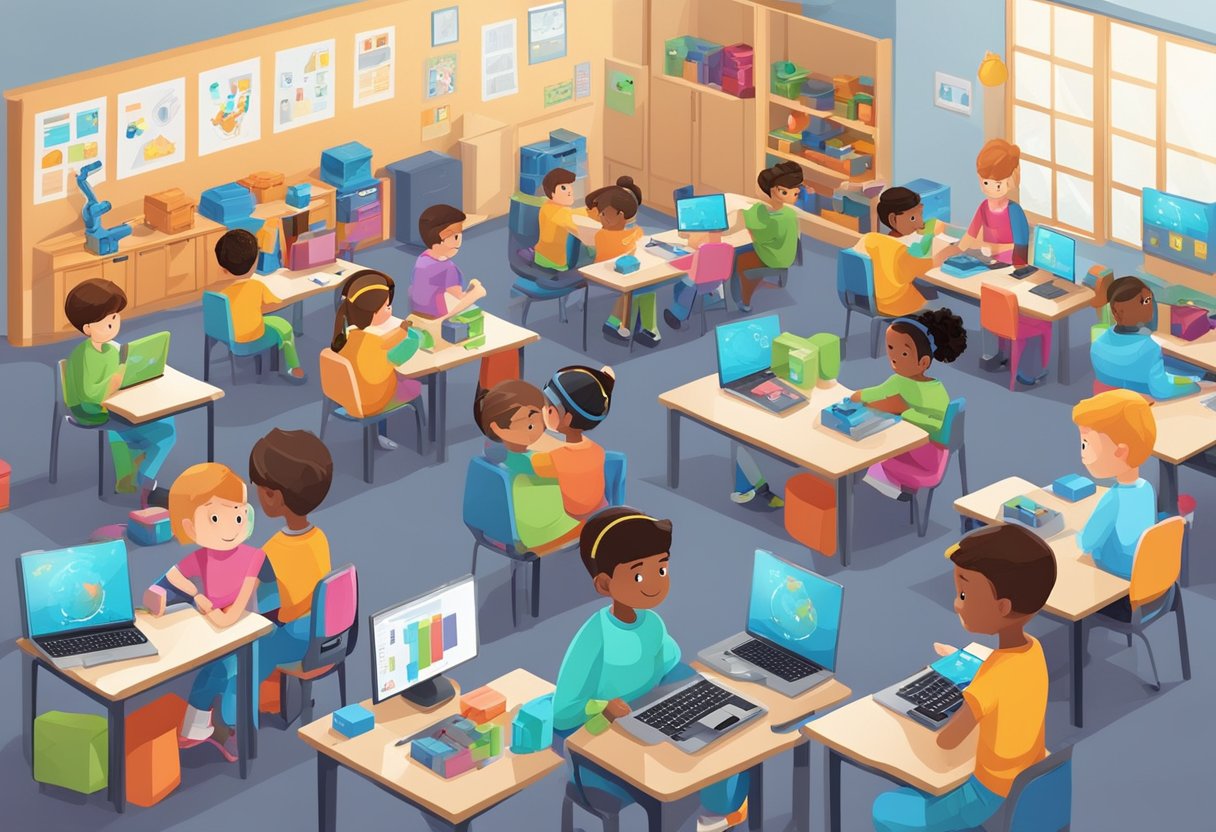 Robotics in Elementary Education: A classroom with colorful educational robotics kits and elementary students working on building and programming robots
