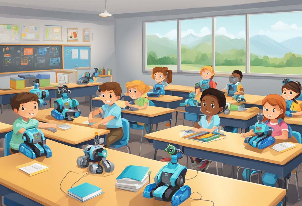 Robotics in Elementary Education: An elementary classroom with students engaged in hands-on robotics activities, guided by teachers