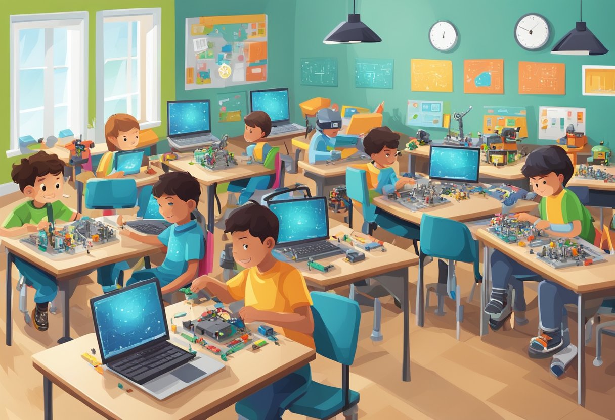 Robotics in Elementary Education: A classroom filled with colorful robotics kits and electronic components, with children eagerly working on building and programming their own robots for educational purposes