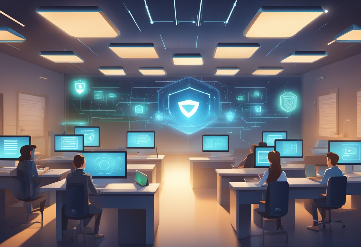 student data: A futuristic classroom with data encryption symbols surrounding a glowing computer, while a shield hovers above, safeguarding the students' data