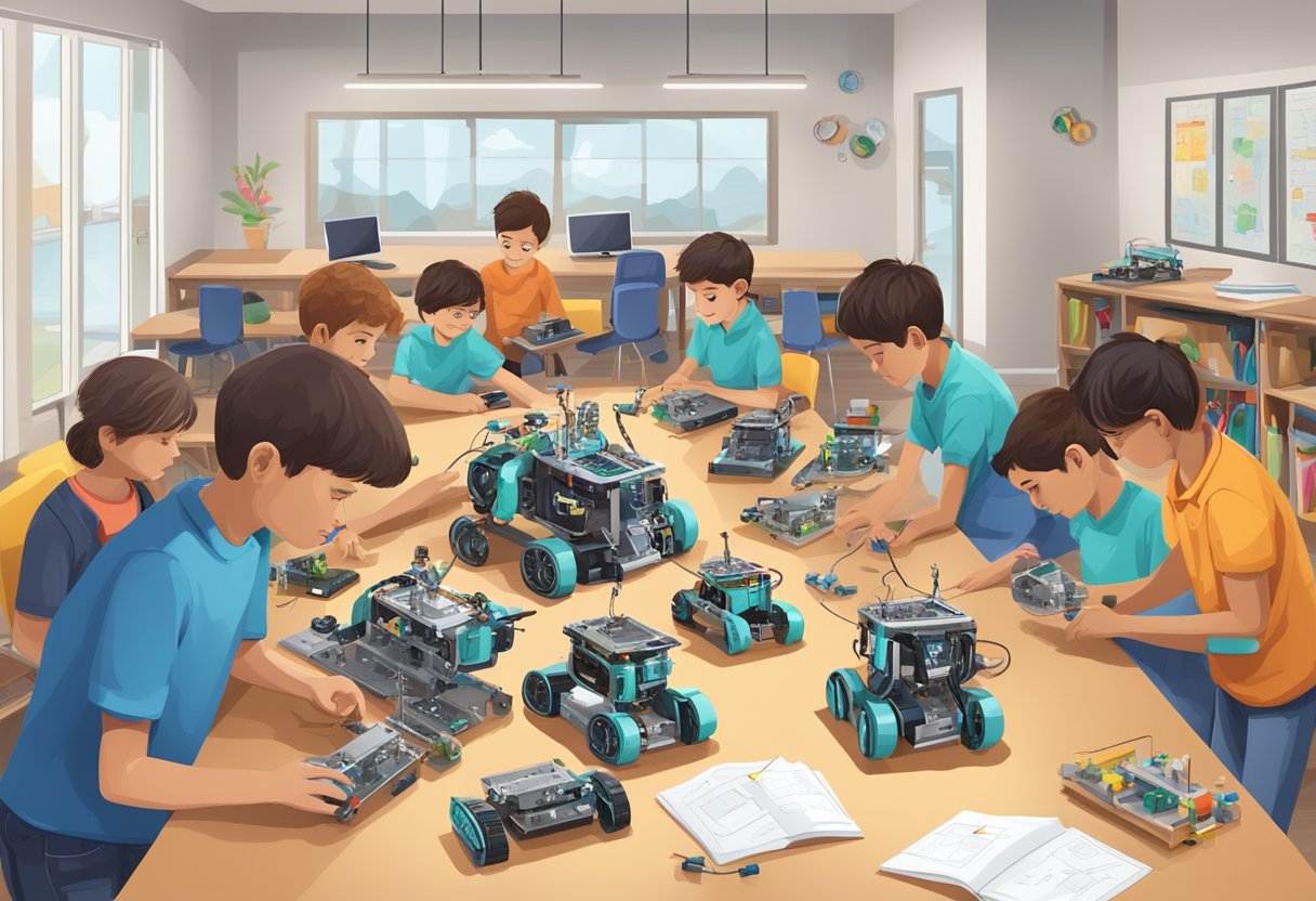 Robotics in Elementary Education: A classroom of young students engaged in hands-on activities with robotics kits, working together to build and program their own robots
