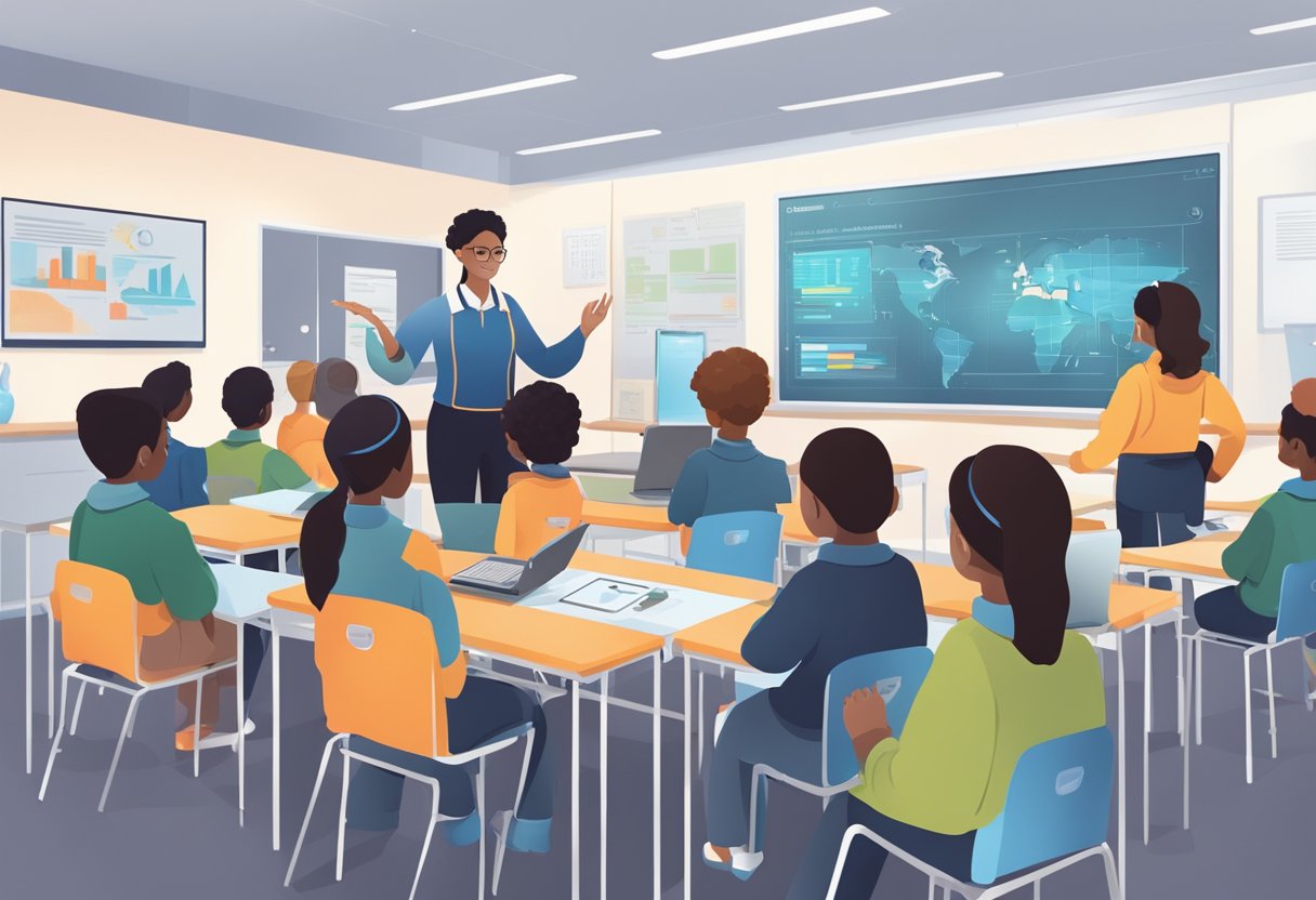 student data: A classroom setting with a teacher and students engaging with AI technology while ensuring the protection of student data