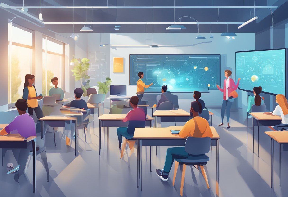 AI Career: A classroom with futuristic technology and AI-related tools, students engaged in collaborative problem-solving and coding activities