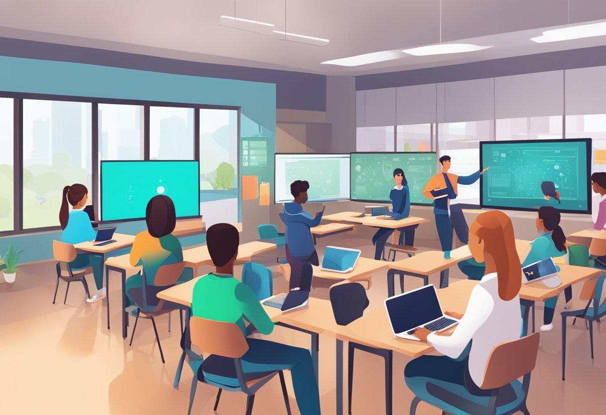 AI Careers: A classroom setting with students using AI tools and platforms on their devices, while a teacher guides them through the learning process