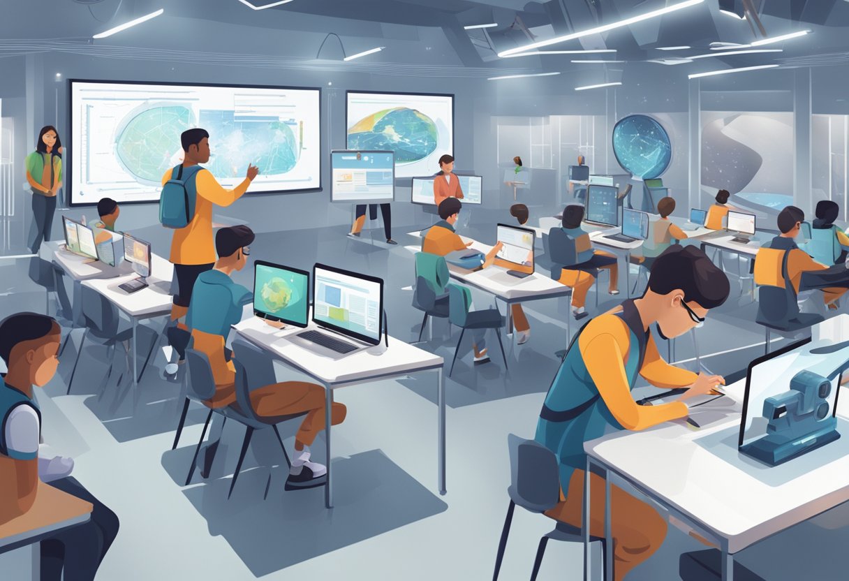 AI Careers: A classroom setting with students engaged in hands-on activities related to artificial intelligence, surrounded by futuristic technology and educational materials