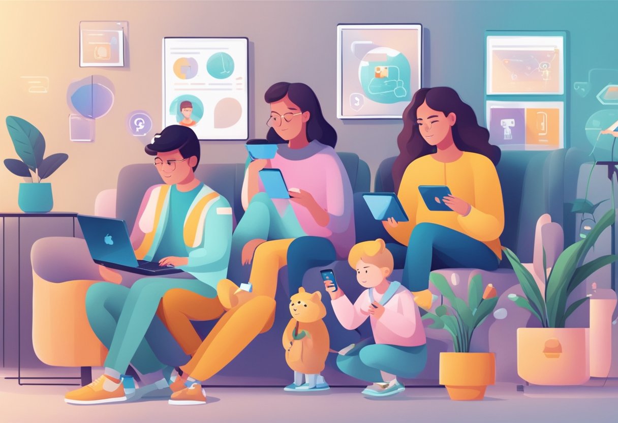 AI Safety Tips for Families: Ensuring a Secure Digital Environment at Home AI Safety,social media,digital LearningMole A family surrounded by devices, learning about AI safety tips through social media and chatbots