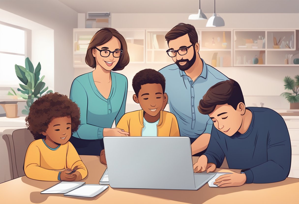 AI Safety Tips for Families: Ensuring a Secure Digital Environment at Home AI Safety,social media,digital LearningMole A family sitting at a table, with a parent explaining AI safety tips to children while using a laptop and smartphone