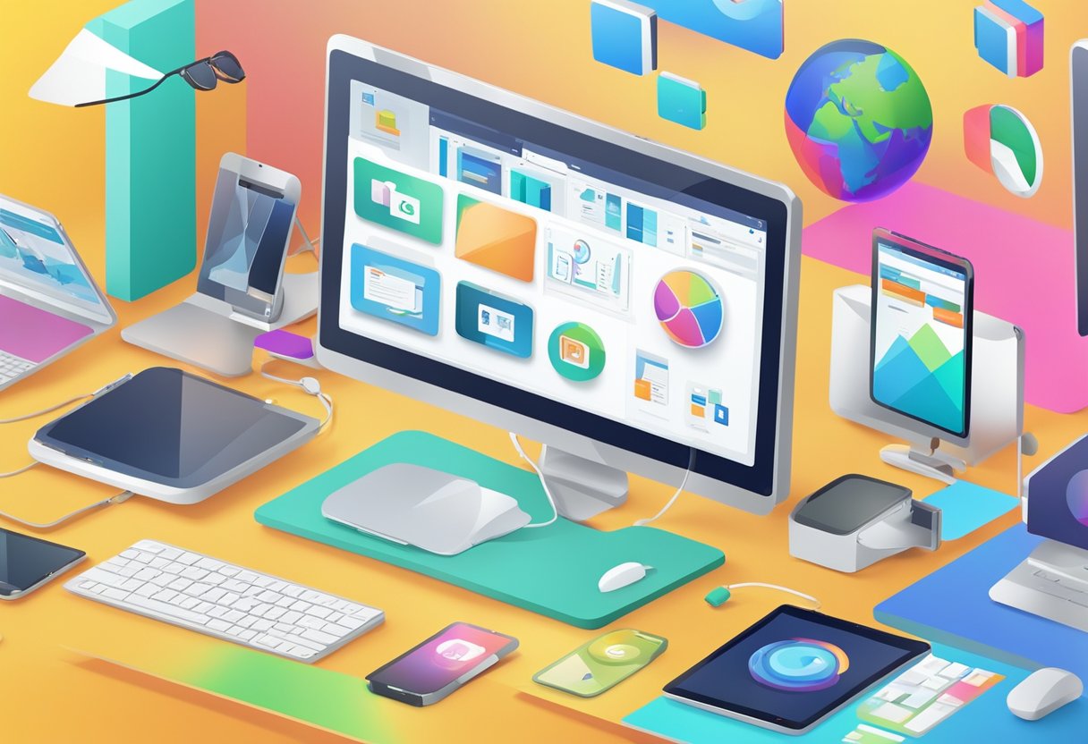 Digital Collaboration Tools for Students: Enhancing Teamwork Online Collaboration Tools,digital LearningMole Collaboration Tools: A group of digital devices displaying interactive presentation platforms and collaboration tools for students, surrounded by colorful icons and graphics