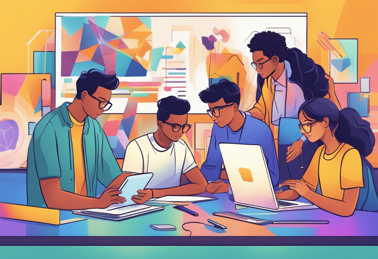 Digital Collaboration Tools for Students: Enhancing Teamwork Online Collaboration Tools,digital LearningMole Collaboration Tools: A group of students using digital devices to collaborate on a colorful and dynamic virtual canvas