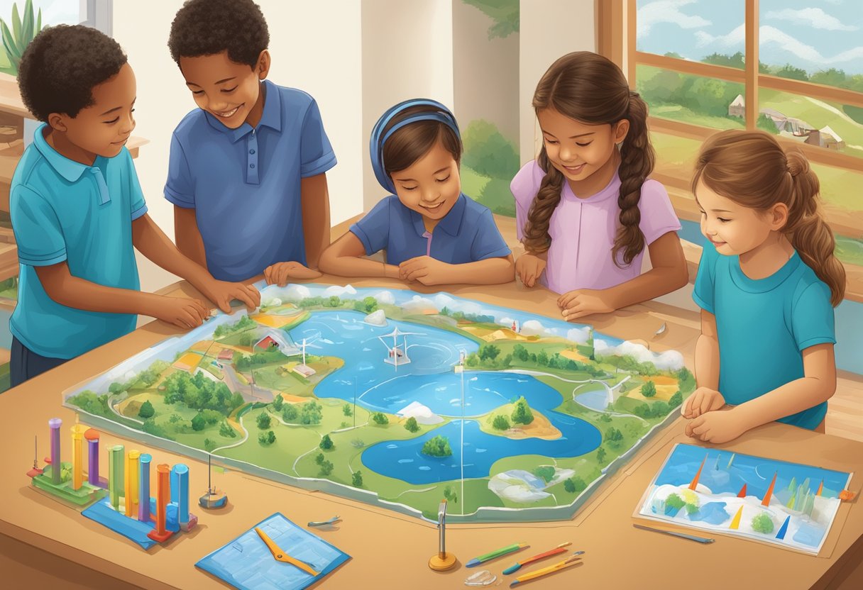 weather Project: A group of children gather around a colorful display of weather-related projects, including a model of the water cycle, a wind vane, and a homemade thermometer