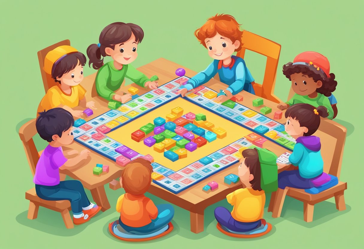 Multiplication table: A group of children playing a colorful board game with multiplication problems, surrounded by books and educational toys