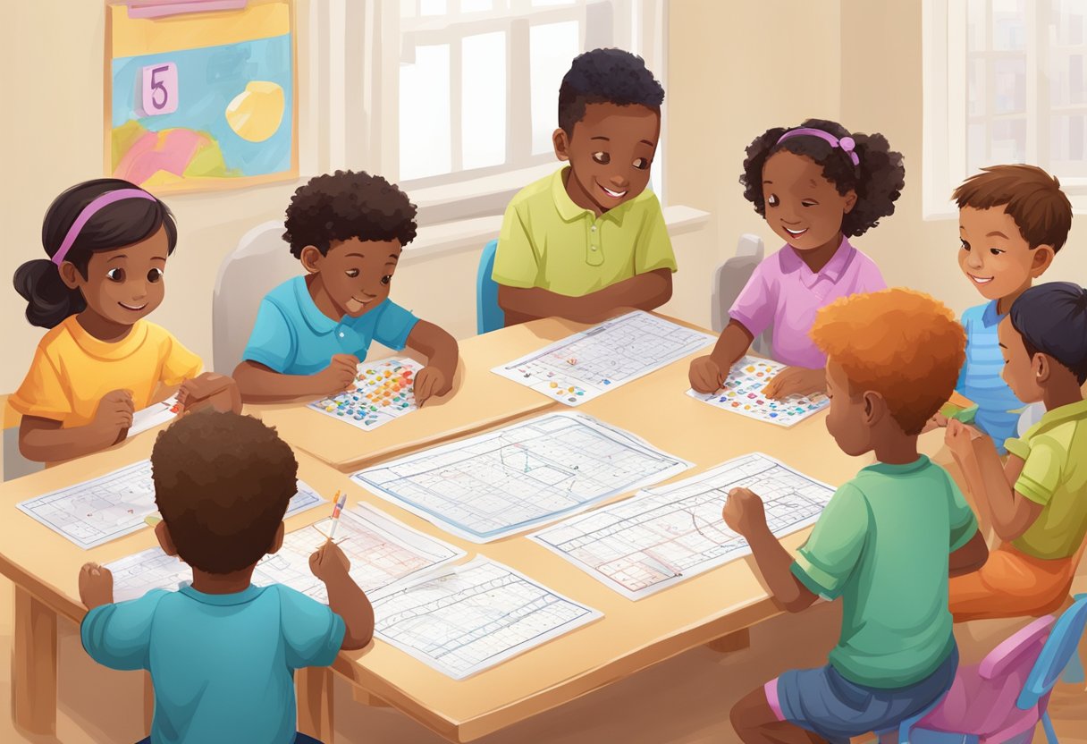 Multiplication table: A group of children engaged in various fun activities to learn multiplication tables, such as playing games, drawing, and using manipulatives