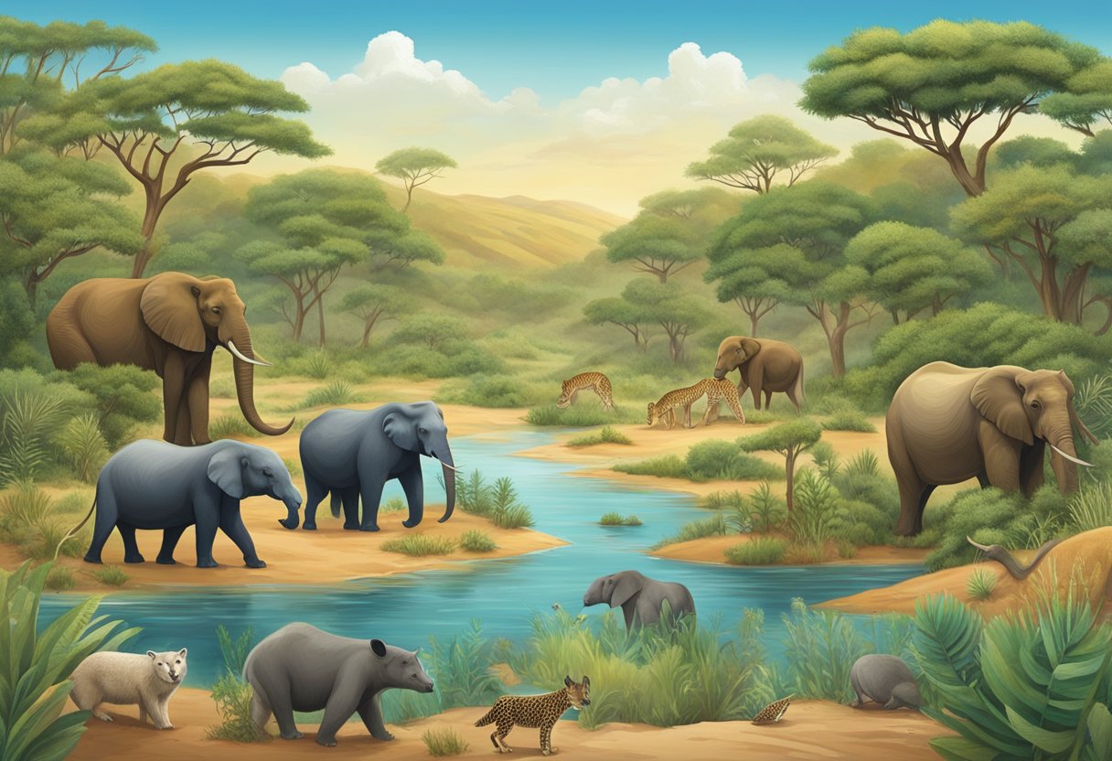 Animal Habitats: An illustration of a diverse array of animal habitats, including forests, oceans, deserts, and grasslands, with a focus on conservation efforts