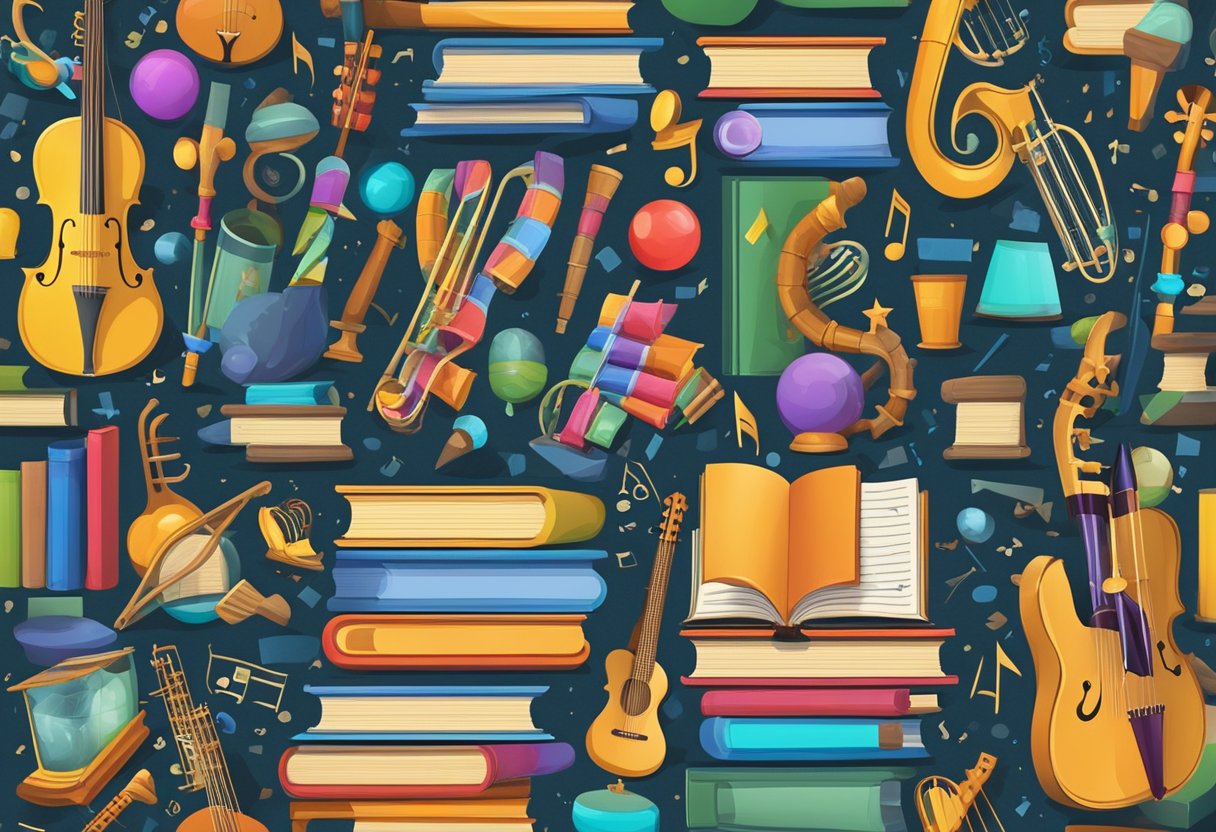 art integration: A colorful collage of books, test tubes, musical instruments, and mathematical symbols arranged in a dynamic composition
