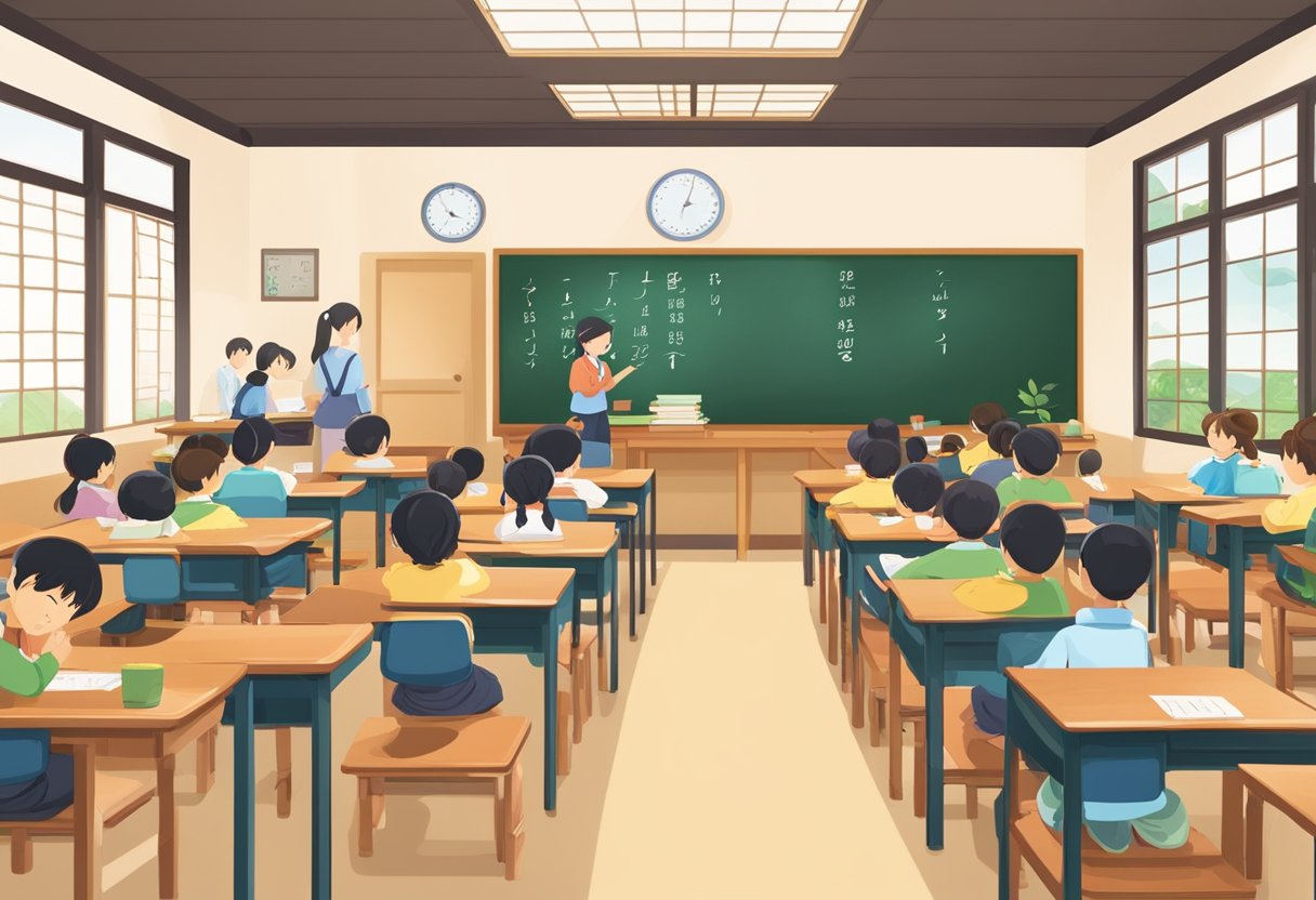 Japanese Alphabet: A traditional Japanese classroom with colorful flashcards and a chalkboard displaying the Japanese alphabet. Students sit at desks, eagerly learning