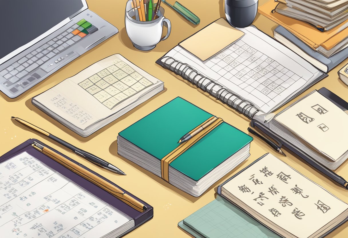Japanese Alphabet: A table with Japanese alphabet flashcards, a workbook, and a pen