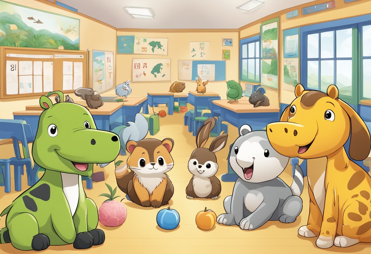Japanese Alphabet: A group of animals interact with Japanese alphabet flashcards in a colorful classroom setting
