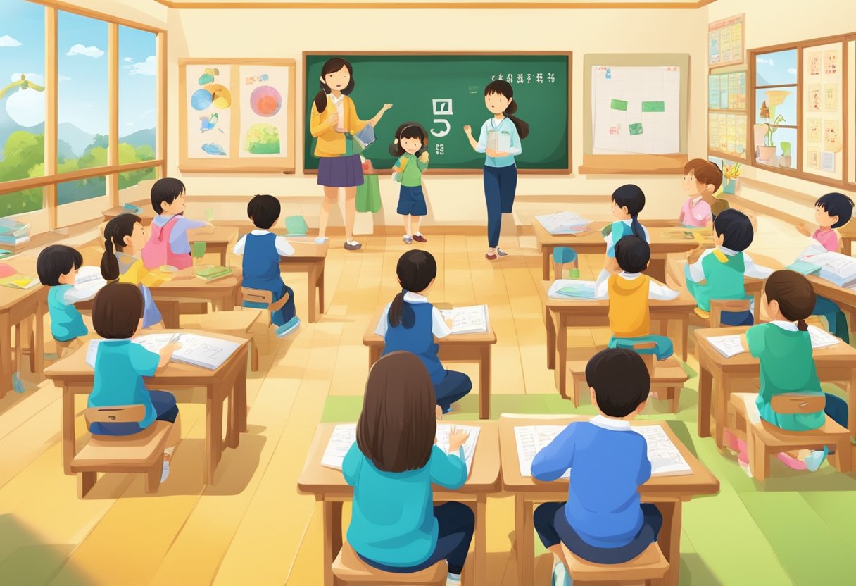 Japanese Alphabet: A colorful classroom with children engaged in various activities related to teaching the Japanese alphabet