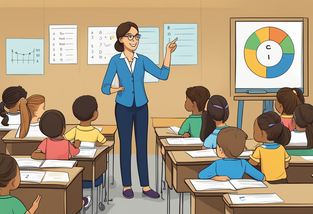 A teacher pointing to a chart with consonants and vowels while students listen attentively