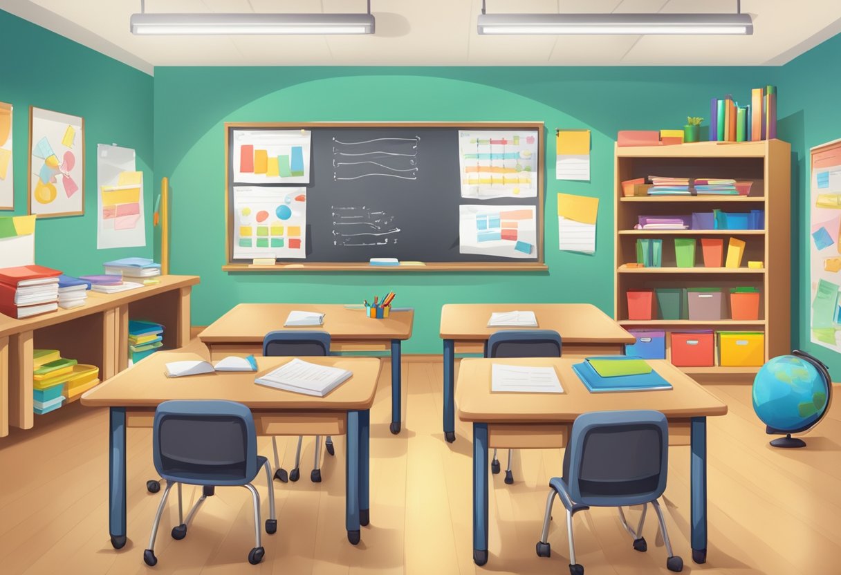 classroom management: A colorful classroom with organized desks, a whiteboard, and educational posters on the walls. A teacher's desk at the front with supplies and a behavior chart