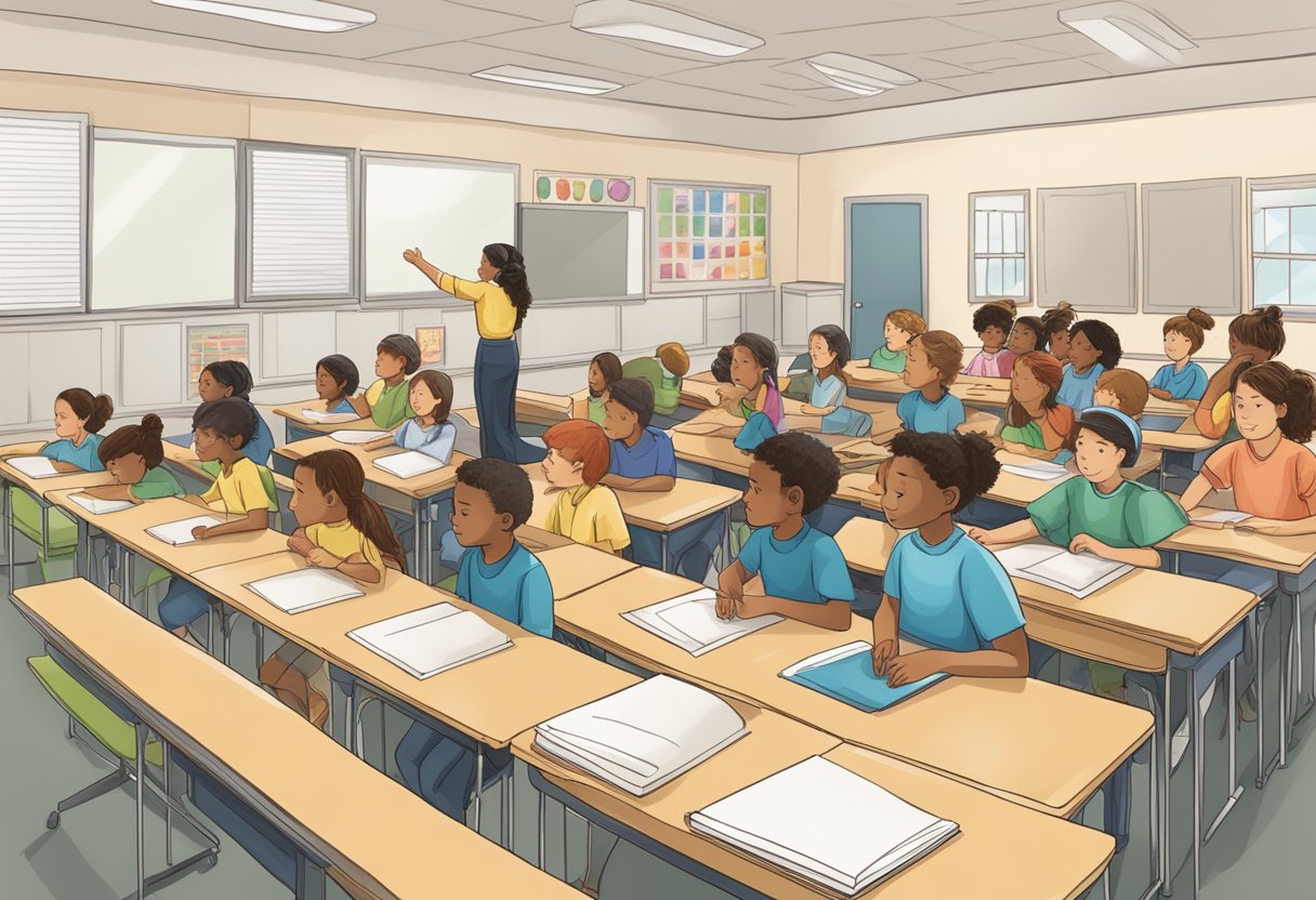 classroom management: A classroom scene with students following procedures: sitting in rows, raising hands, and working quietly at their desks. The teacher is moving around the room, providing guidance and support