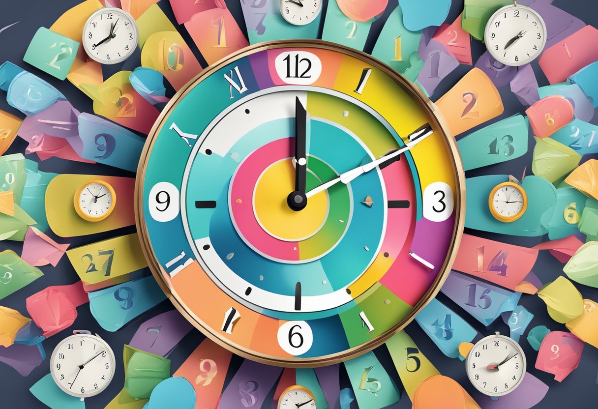 Tell Time: A colorful clock with clear numbers and hands pointing to different times, surrounded by playful and educational elements