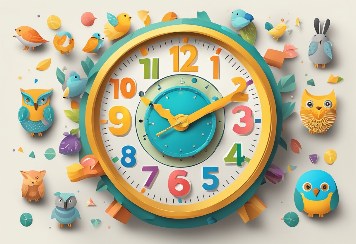 Tell Time: A colorful clock surrounded by playful illustrations of animals and objects, with clear and easy-to-read numbers and hands