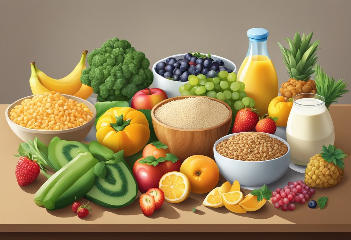  nutrition: A colorful array of fruits, vegetables, grains, and dairy products arranged on a table, with a variety of healthy snacks and meals displayed