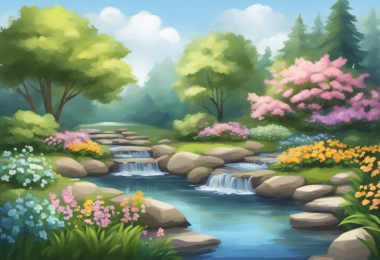 Mindfulness Practices: A tranquil garden with a flowing stream, blooming flowers, and a calm, meditative atmosphere