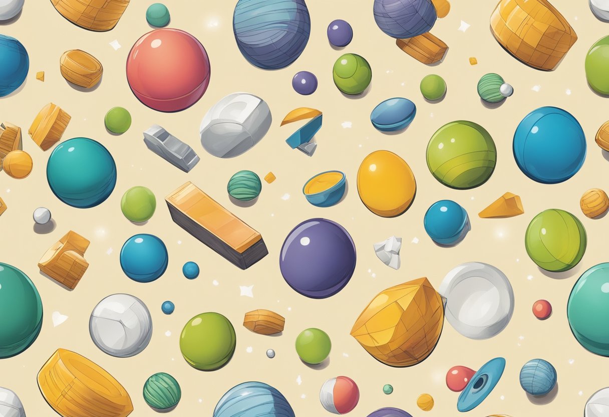 Learning about Gravity: Objects of various sizes and weights floating and falling in a playful manner, showcasing the effects of gravity in a fun and engaging way