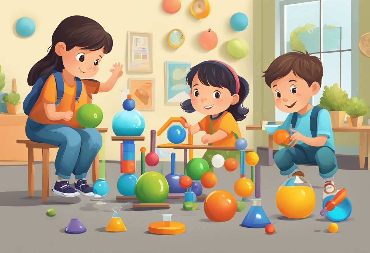 Learning about Gravity: A group of children conducting experiments with various objects of different weights and sizes, observing how they fall and learning about gravity in a fun and interactive way