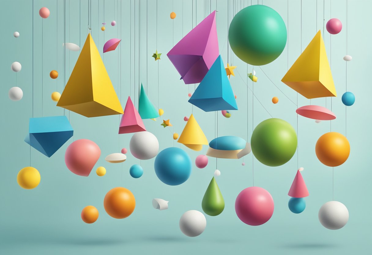 Learning about Gravity: A group of playful objects suspended in mid-air, each demonstrating a different aspect of gravity through their interaction with one another