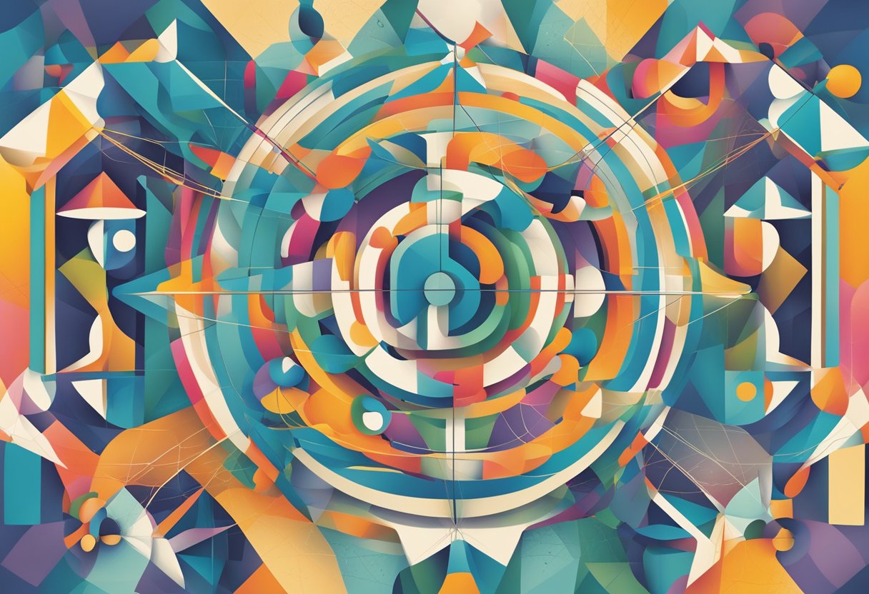 Mathematical Thinking: A diverse group of abstract shapes and symbols merge and intertwine, forming a complex and interconnected network representing the educational benefits of mathematical thinking