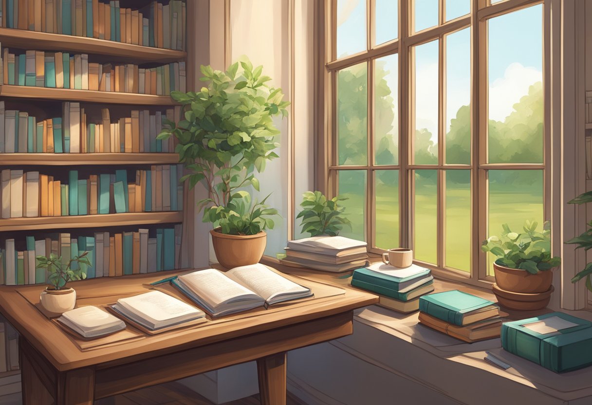 Guide to Teaching Poetry and Rhymes: Sparking Creativity Teaching Poetry and Rhymes,poetry LearningMole A cozy study with shelves of poetry books, a desk with a pen and paper, and a window overlooking a serene garden